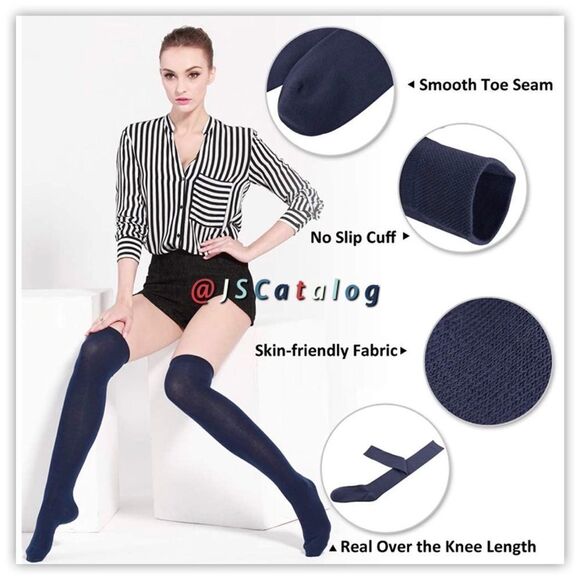 Solid Navy Cotton Thigh High Socks OS - Picture 4 of 6